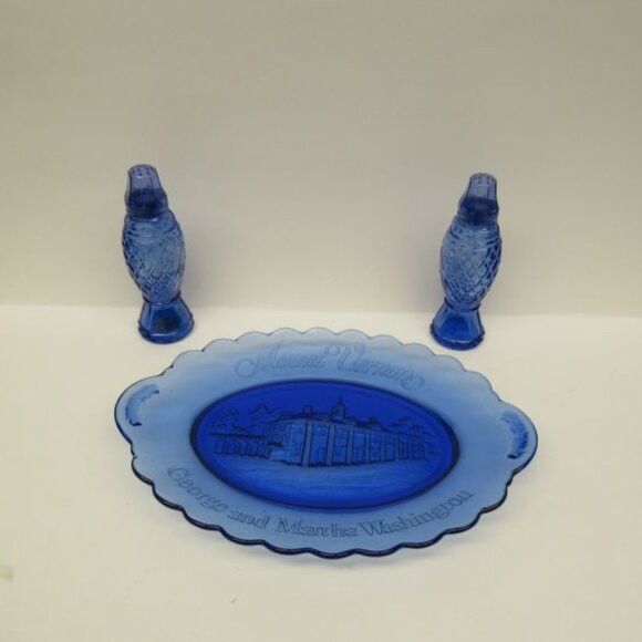 Fostoria Cobalt Blue AVON George and Martha Mount Vernon Tray, Salt, Pepper Set - Picture 1 of 5